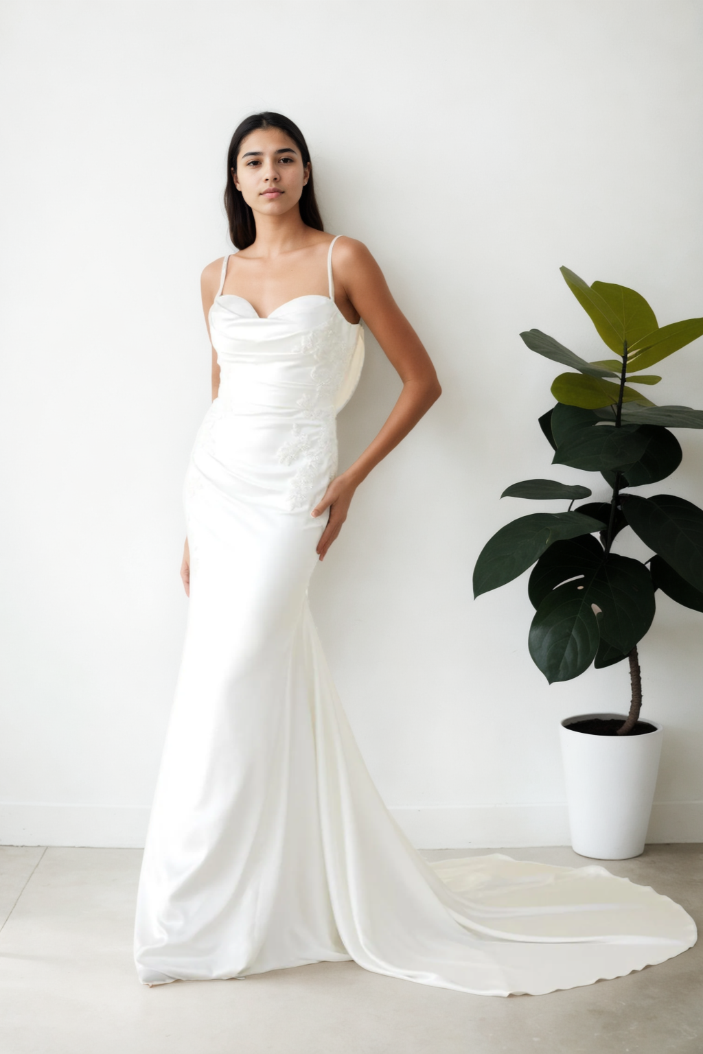 Minimalist Mermaid Bridal Gown With Sweetheart Neckline, Spaghetti Straps, Soft Flowing Train In Premium Off-White Satin