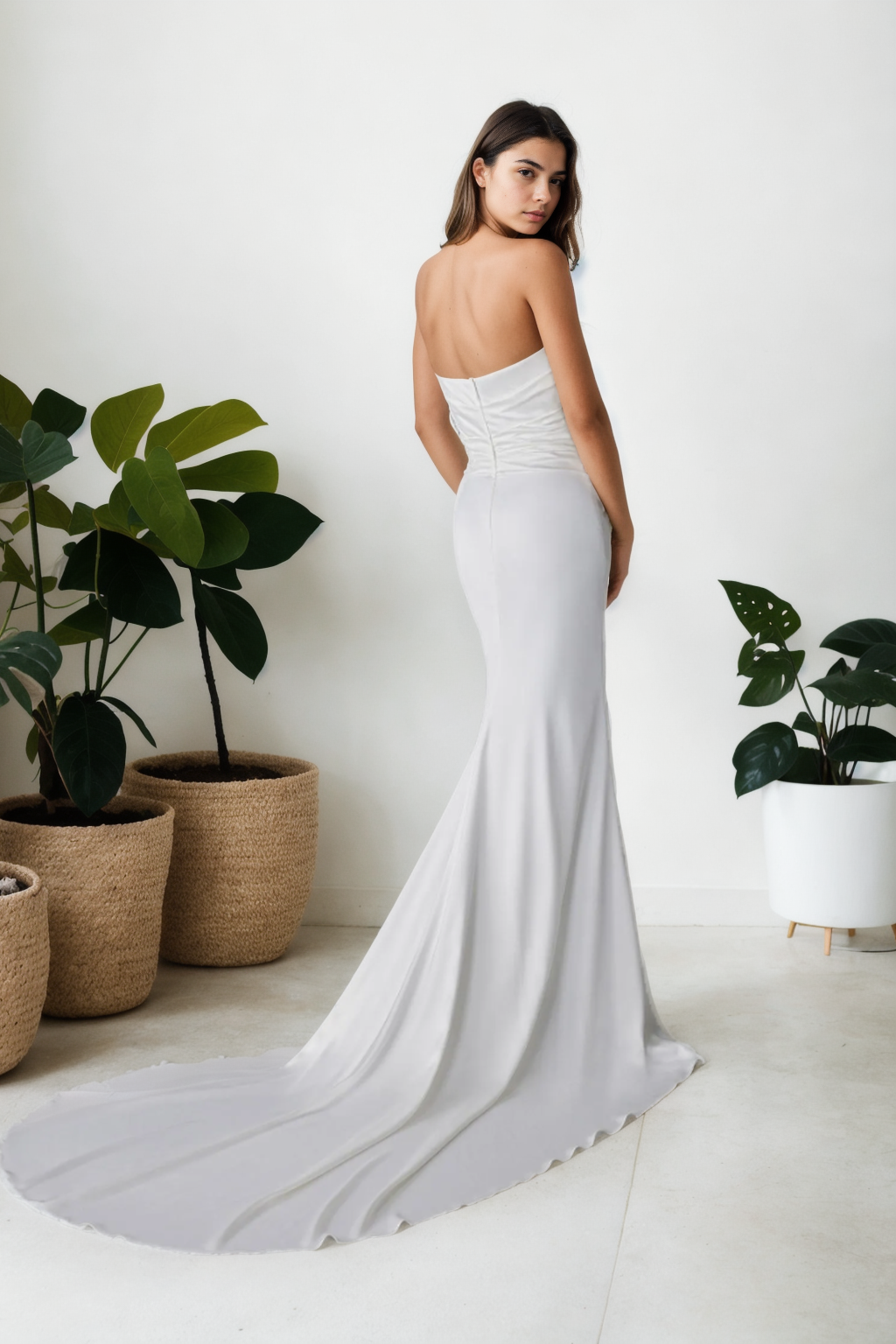 Minimalist Mermaid Wedding Dress In Lightweight Premium Off-White Satin With Sweetheart Neckline, Detached Sleeves, And High-Slit Long Train