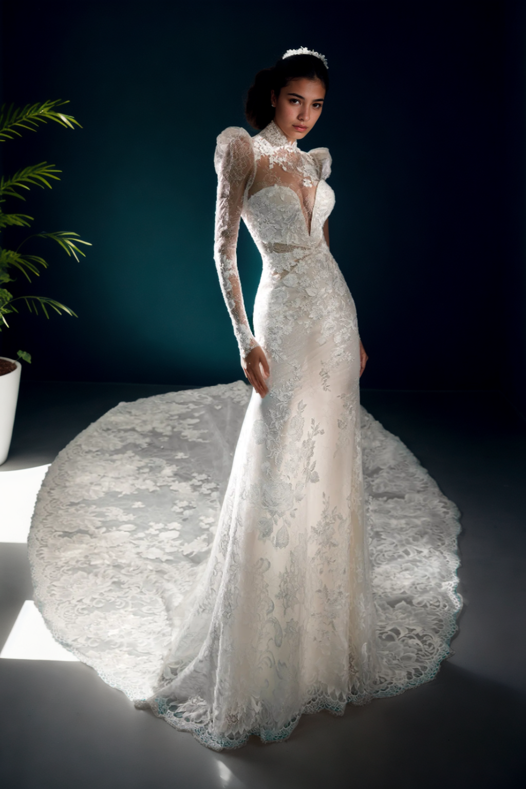 Luxurious Mermaid Bridal Gown With Deep V-Neck, Long Sleeves, Soft Train In Premium Off-White Floral Lace