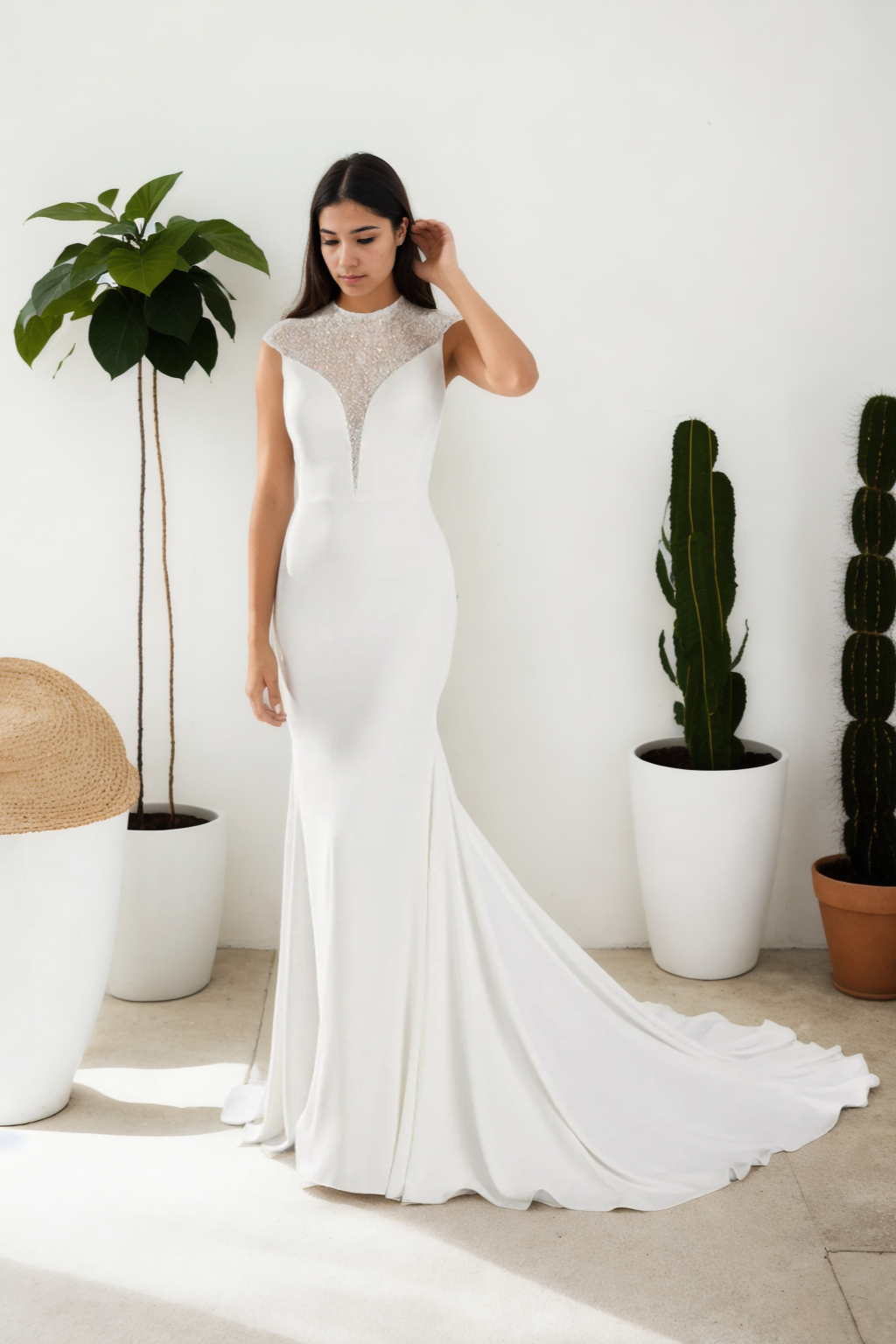 Modern Mermaid Satin Bridal Gown Crafted From Soft Luxurious Fabric With Beaded Round Neckline, Short Sleeves, Buttoned Back, And Elegant Long Train Detail