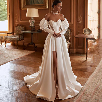 Elegant A-line wedding dress with corset bodice and high slit, designed in luxurious satin  