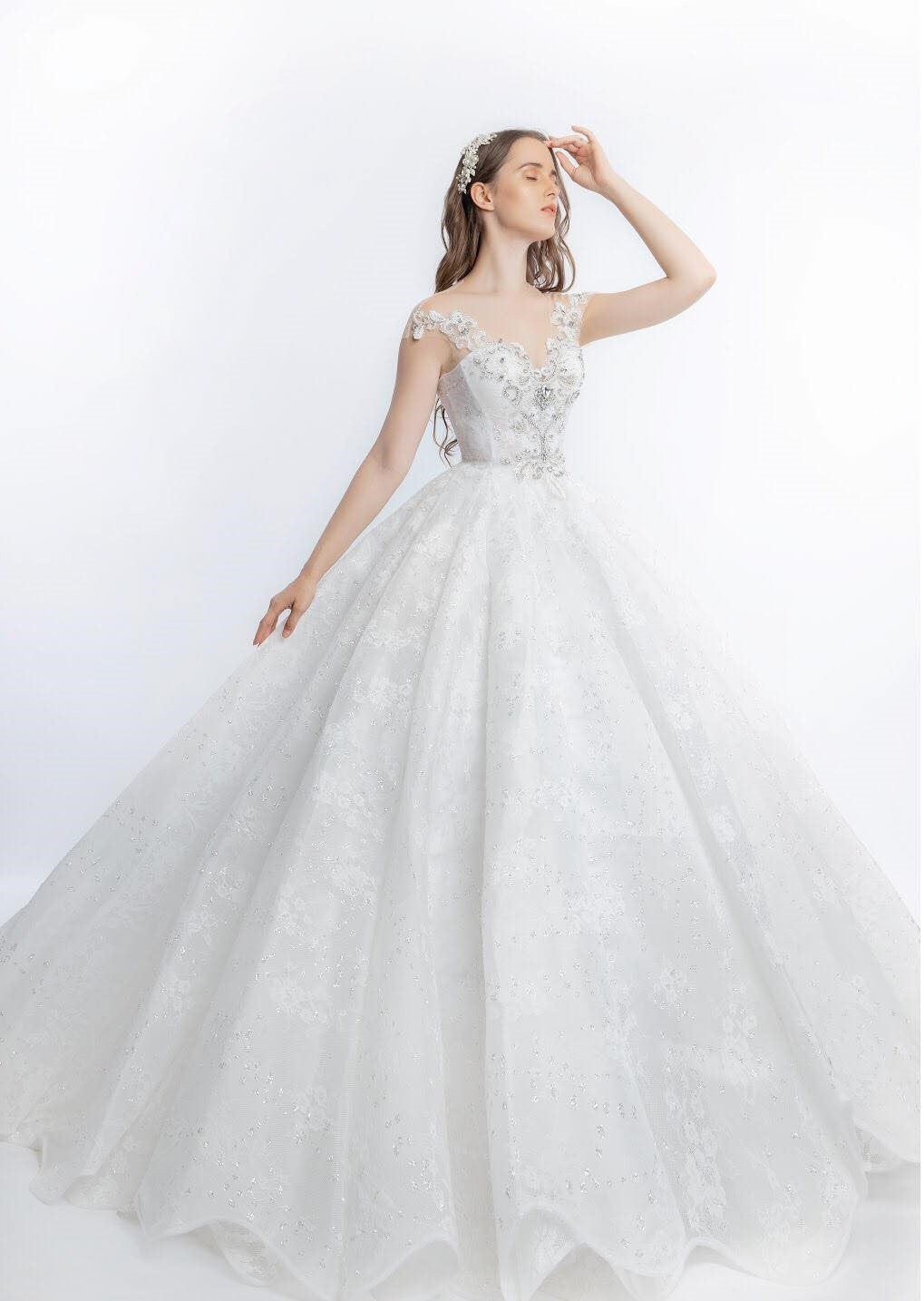 Modern Princess Ball Gown Wedding Dress: Sparkling A-line with Off-Shoulder Sleeves