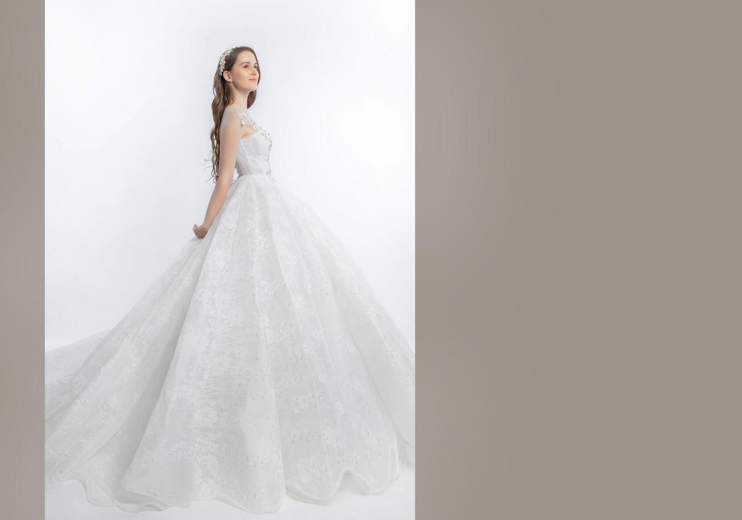 Diana -  Modern Princess Ball Gown Wedding Dress: Sparkling A-line with Off-Shoulder Sleeves