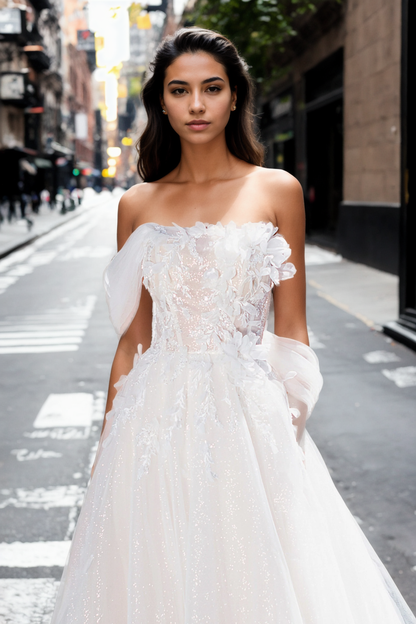 Personalized Luxurious A-Line Bridal Gown With Straight Neckline, Detached Sleeve, And Flowing Skirt In Premium Sparkling Ivory Floral Lace And Tulle