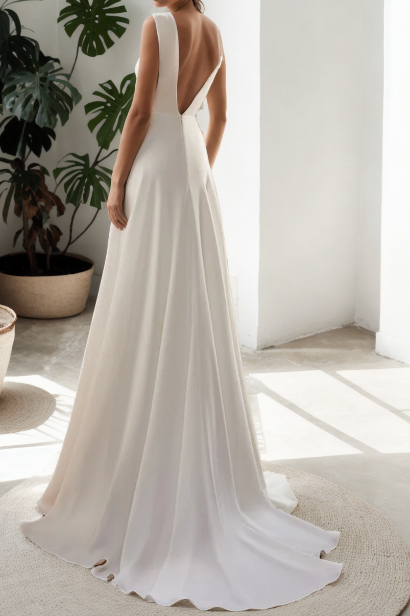 Trendy Custom A-Line Bridal Gown In Thick Ivory Satin With Deep V-Neck, Sleeveless Design, Open Back, And Long Floor-Length Train