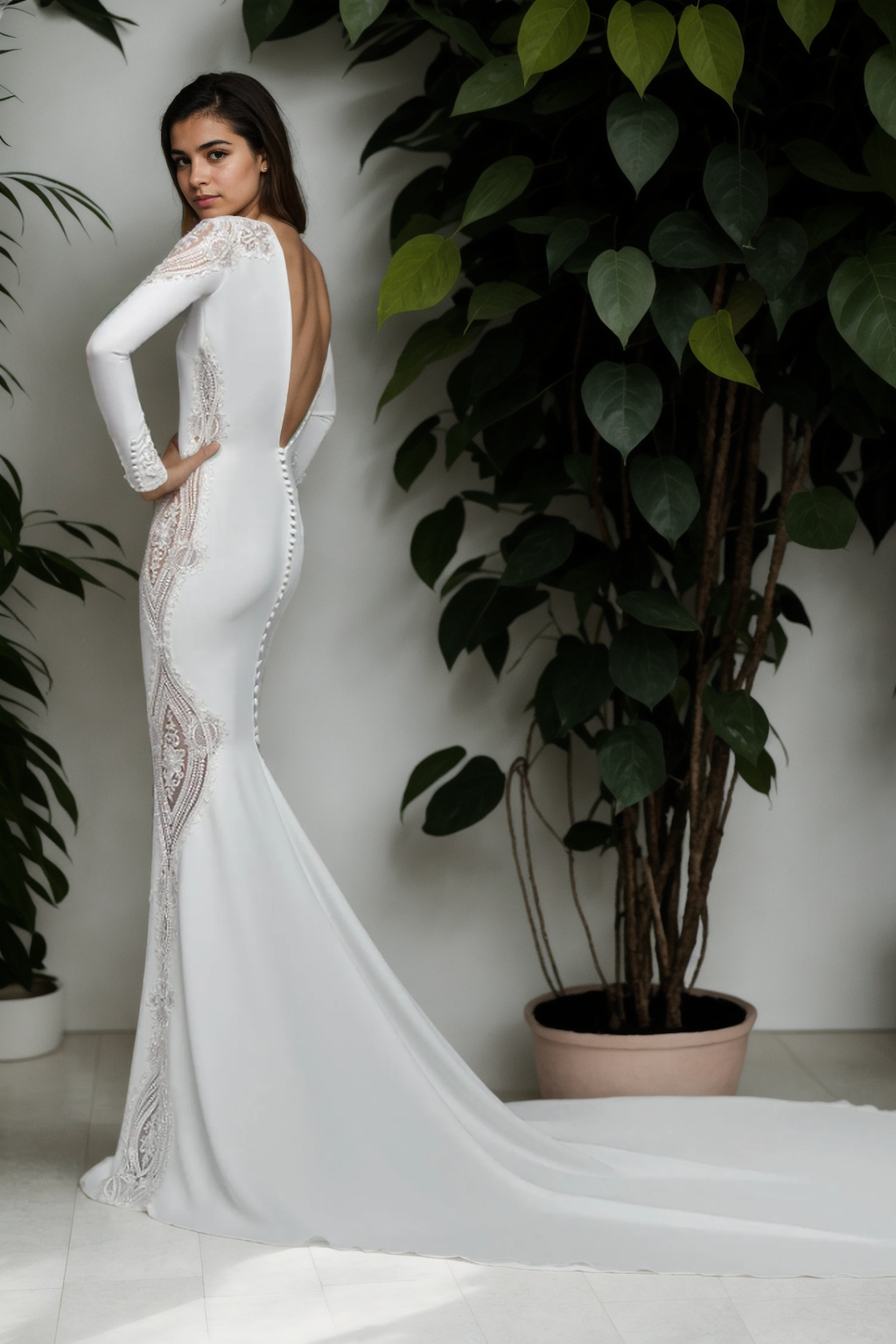 Custom Mermaid Bridal Gown In Soft White Satin With Round Neckline, Long Sleeves, And Lace Accented Waist For A Minimalist Style