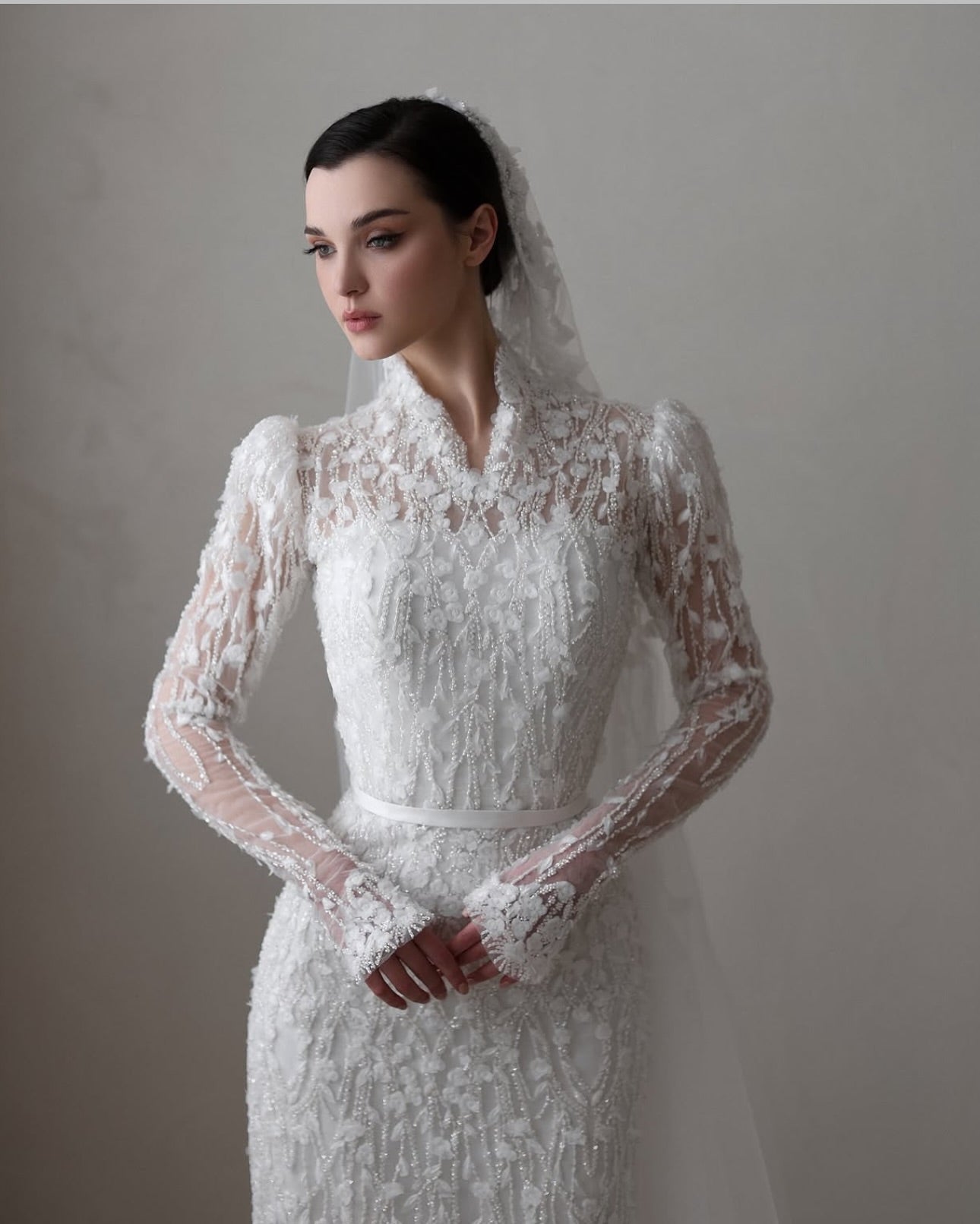 Elegant bridal gown featuring sheer long sleeves and intricate lace details  