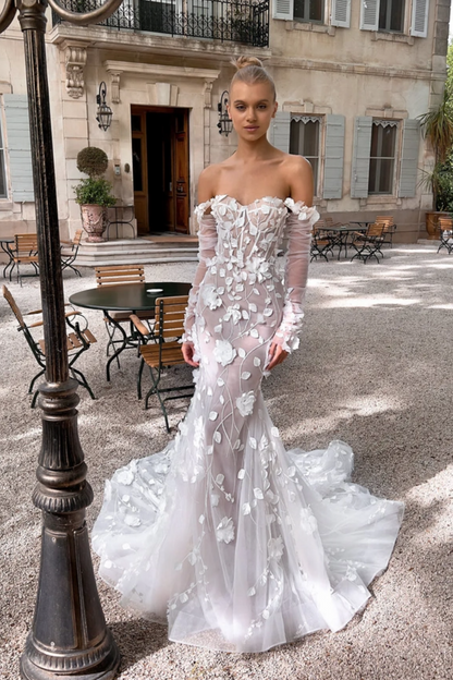 Corset mermaid wedding dress with luxurious 3D floral lace and off white tulle
