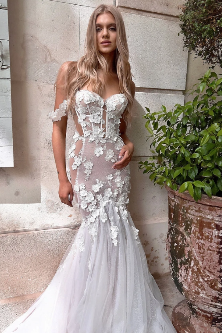 Off-the-shoulder mermaid wedding dress, Sexy corset wedding dress with floral lace