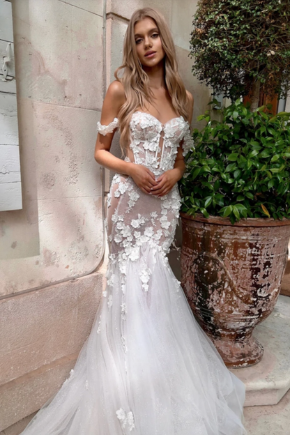 Off-the-shoulder mermaid wedding dress, Sexy corset wedding dress with floral lace