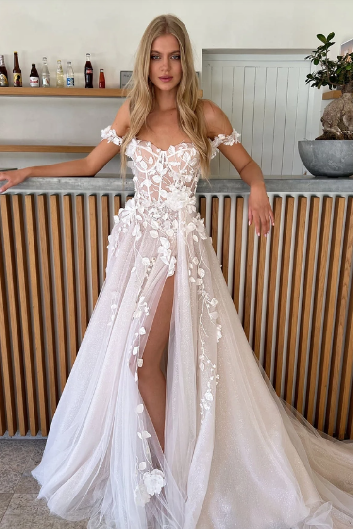 A line Corset wedding dress, Off the shoulder corset wedding dress with floral lace
