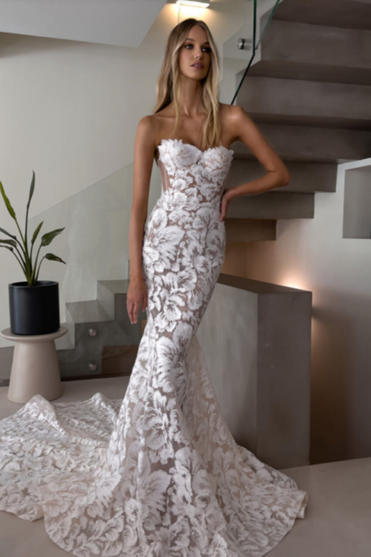 Floral lace mermaid wedding dress, Sleeveless corset wedding dress