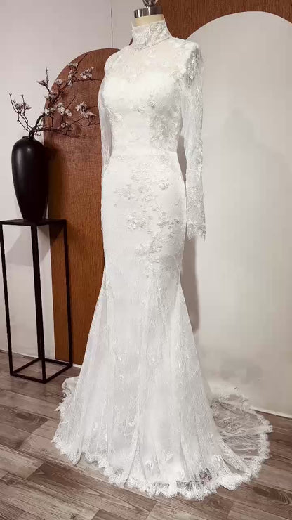 Mermaid Long Sleeve Lace Wedding Gown, Customized to Bride's Specifications