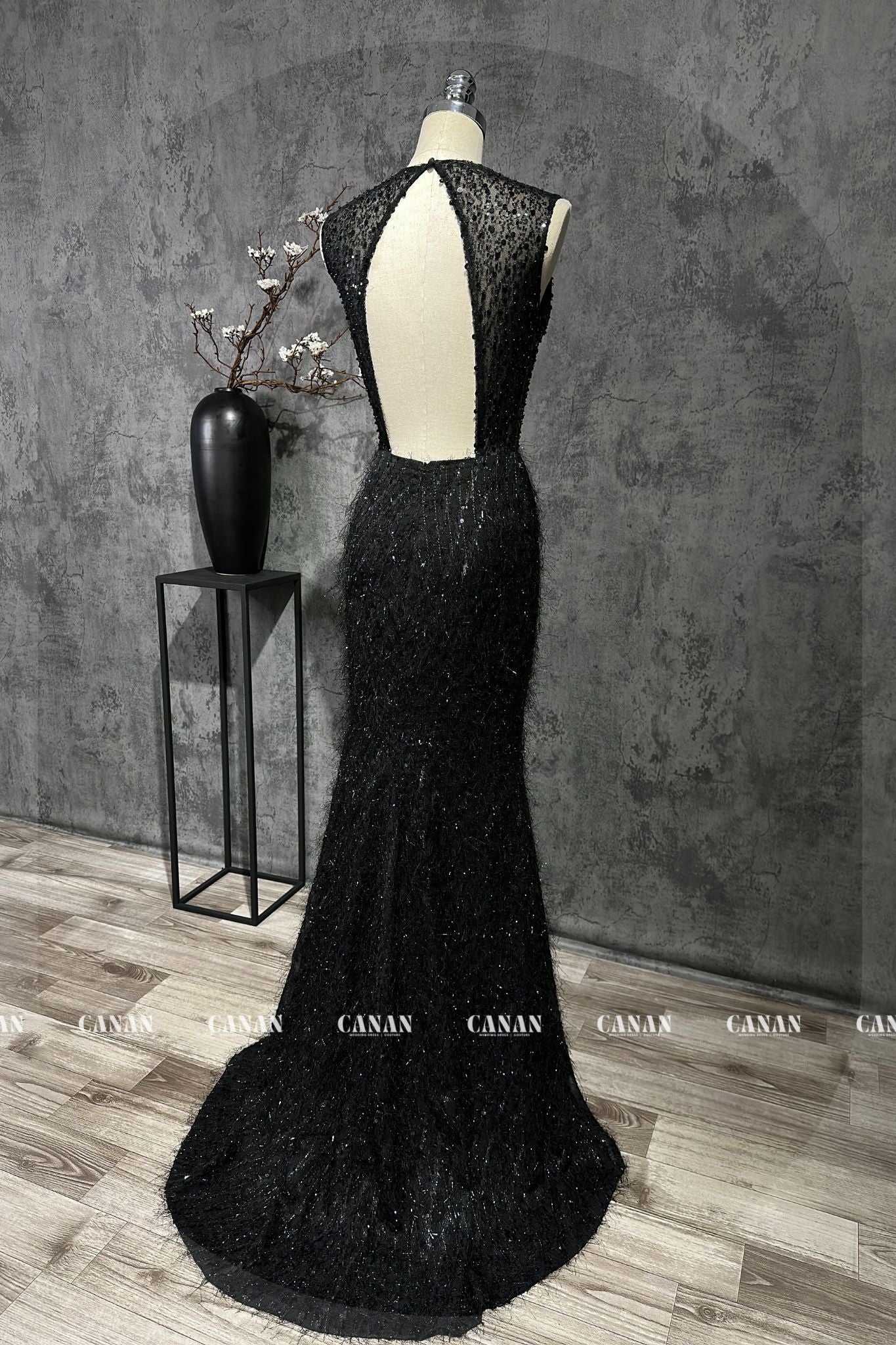 Mysterious Black Lace Evening Dress with Handcrafted 3D Flowers