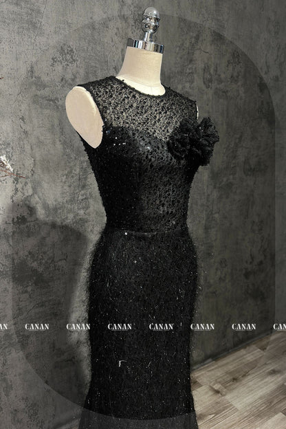 Mei - Mysterious Black Lace Evening Dress with Handcrafted 3D Flowers