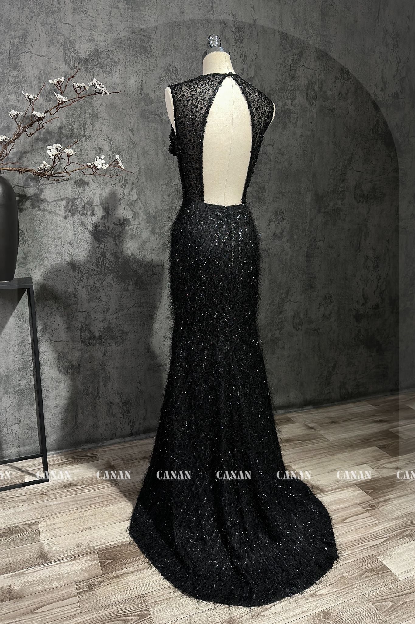 Mysterious Black Lace Evening Dress with Handcrafted 3D Flowers