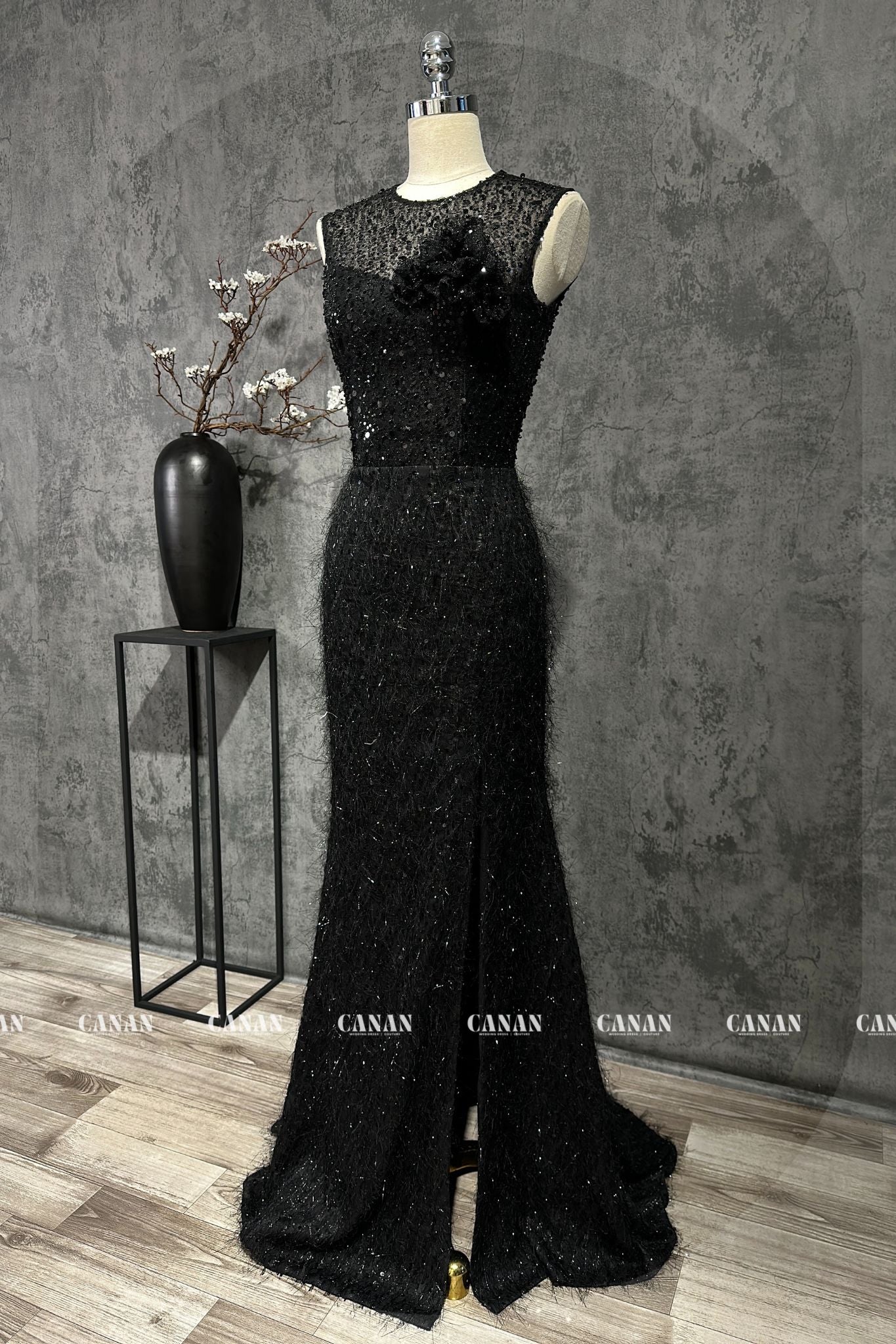 Mysterious Black Lace Evening Dress with Handcrafted 3D Flowers