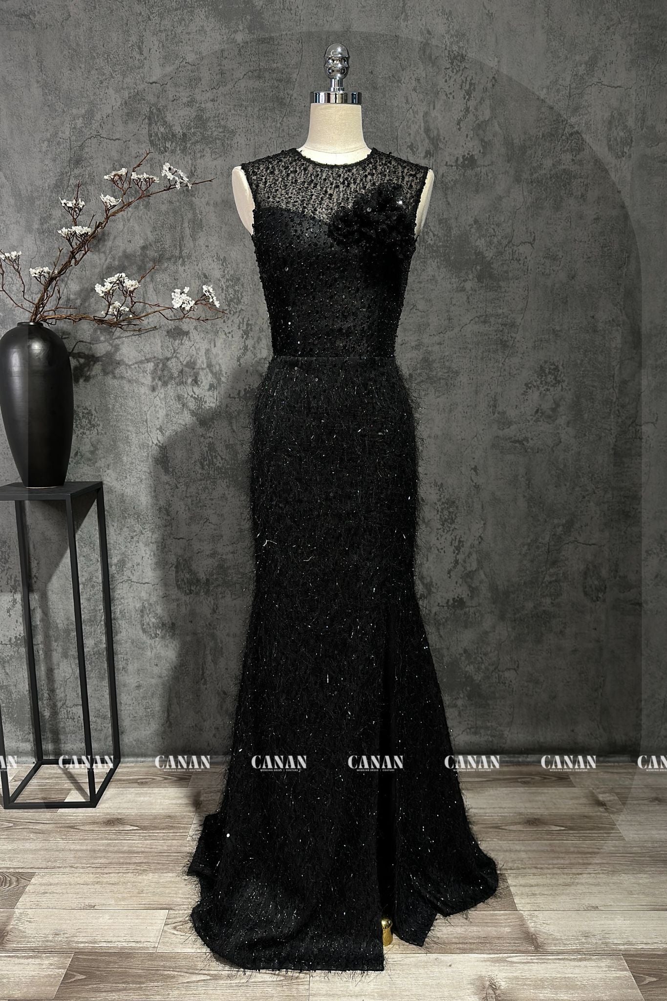 Mysterious Black Lace Evening Dress with Handcrafted 3D Flowers