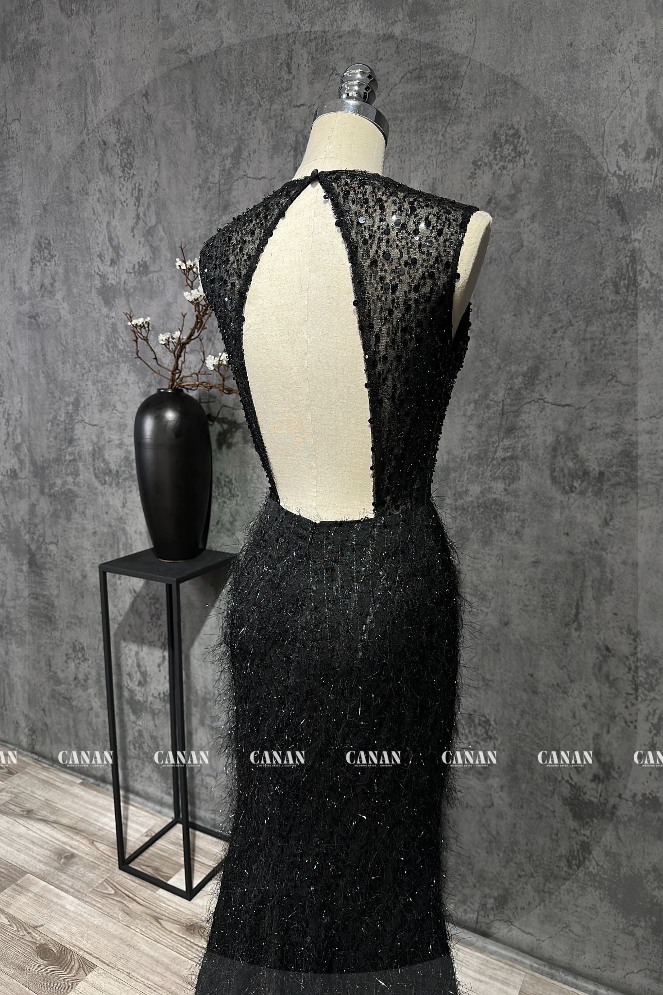 Mysterious Black Lace Evening Dress with Handcrafted 3D Flowers