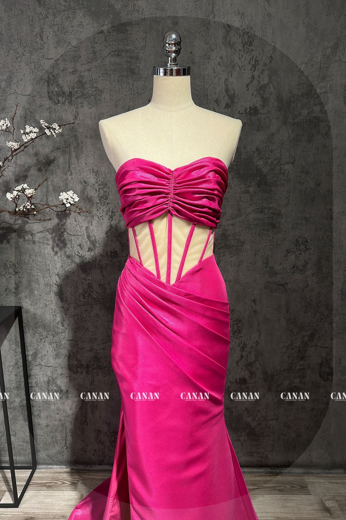 Lotus Pink Evening Dress with See-Through Corset , Custom Dress