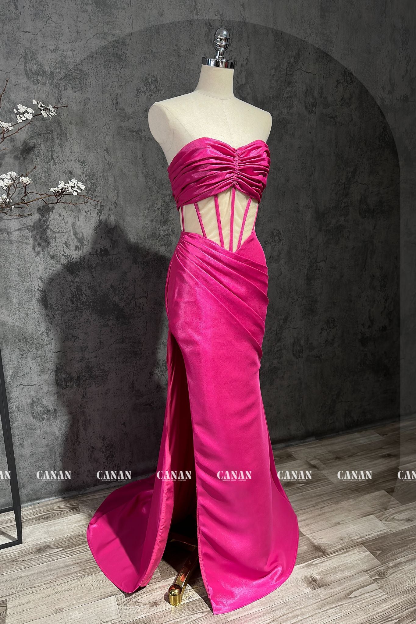 Lotus Pink Evening Dress with See-Through Corset , Custom Dress
