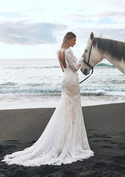 Elegant mermaid wedding dress, Sexy wedding dress with luxurious floral lace