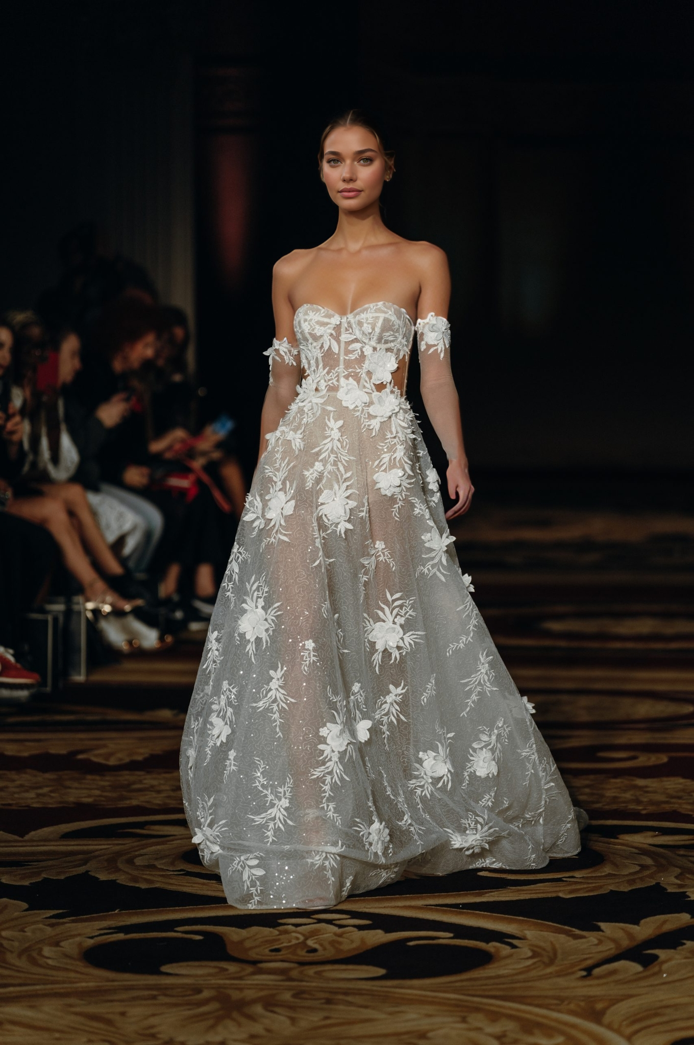 Sheer corset A-line wedding dress with delicate 3D floral appliqués and detachable sleeves.