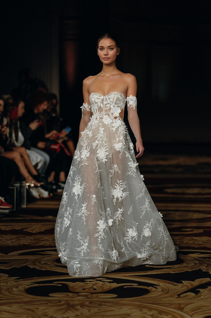 Sheer corset A-line wedding dress with delicate 3D floral appliqués and detachable sleeves.