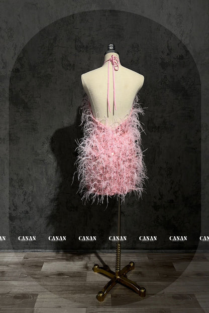 Bellezza -  Short Pink Dress with Feather Accents for a Whimsical Touch