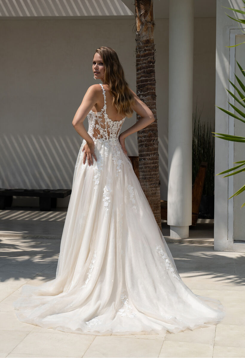 Flowing tulle wedding dress with sheer lace top, soft A-line silhouette, and romantic garden-ready styling.