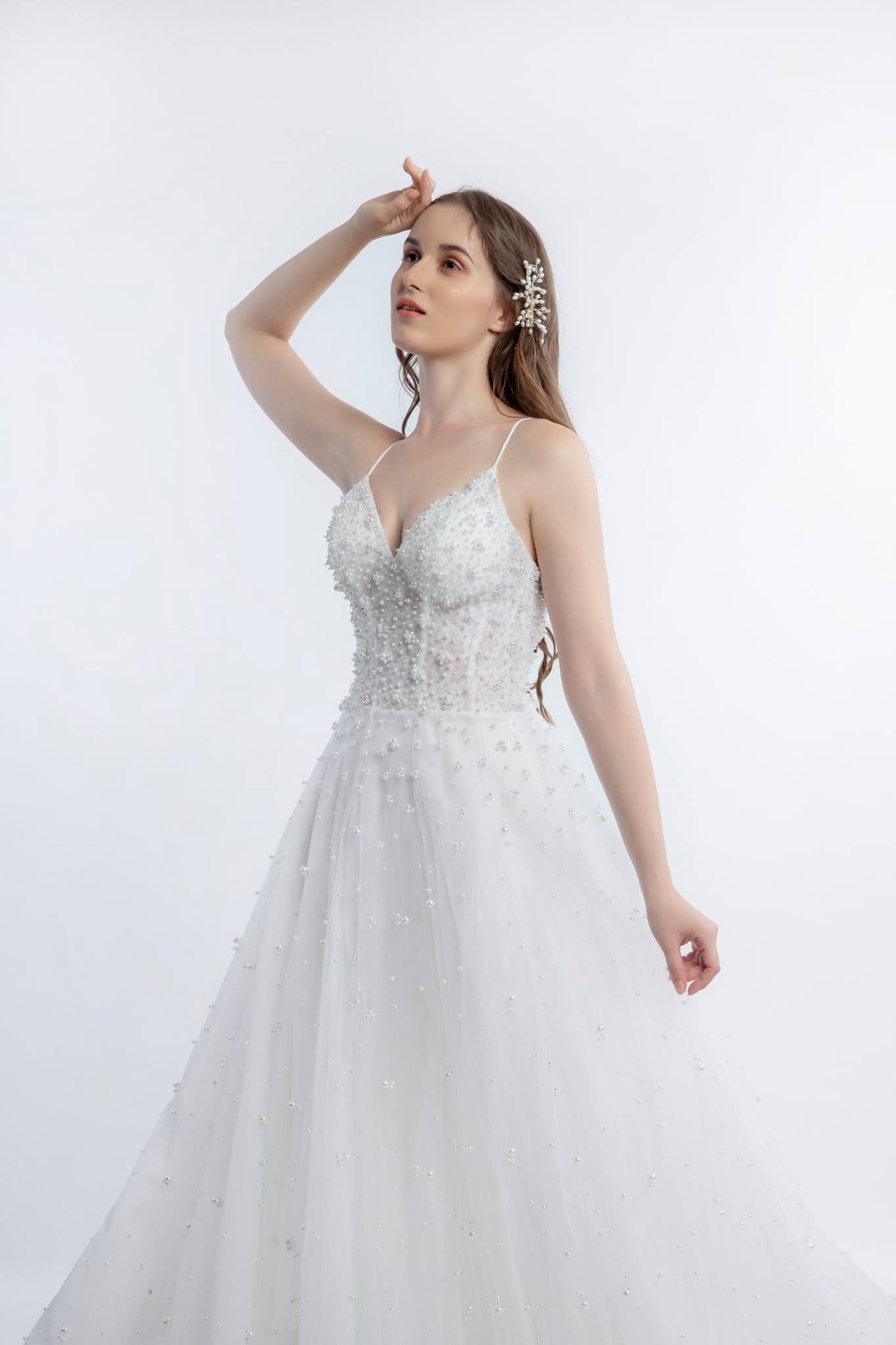 Princess A-line Wedding Dress, Shoulder Straps and Provocative Neckline Accent, Backless Beauty with Exquisite Handcrafted Tulle Embellishments