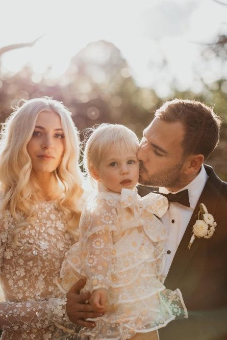 Long sleeve mermaid wedding dress with open back, Sparkly floral lace boho wedding dress