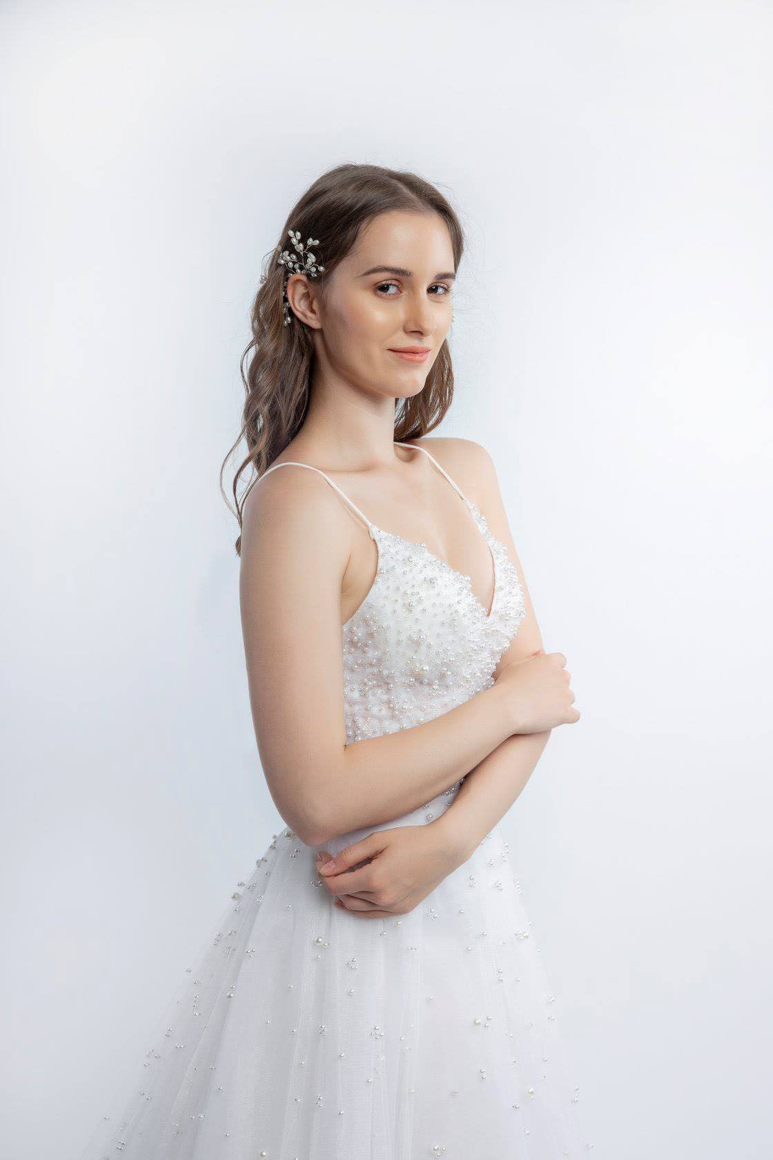 Princess A-line Wedding Dress, Shoulder Straps and Provocative Neckline Accent, Backless Beauty with Exquisite Handcrafted Tulle Embellishments