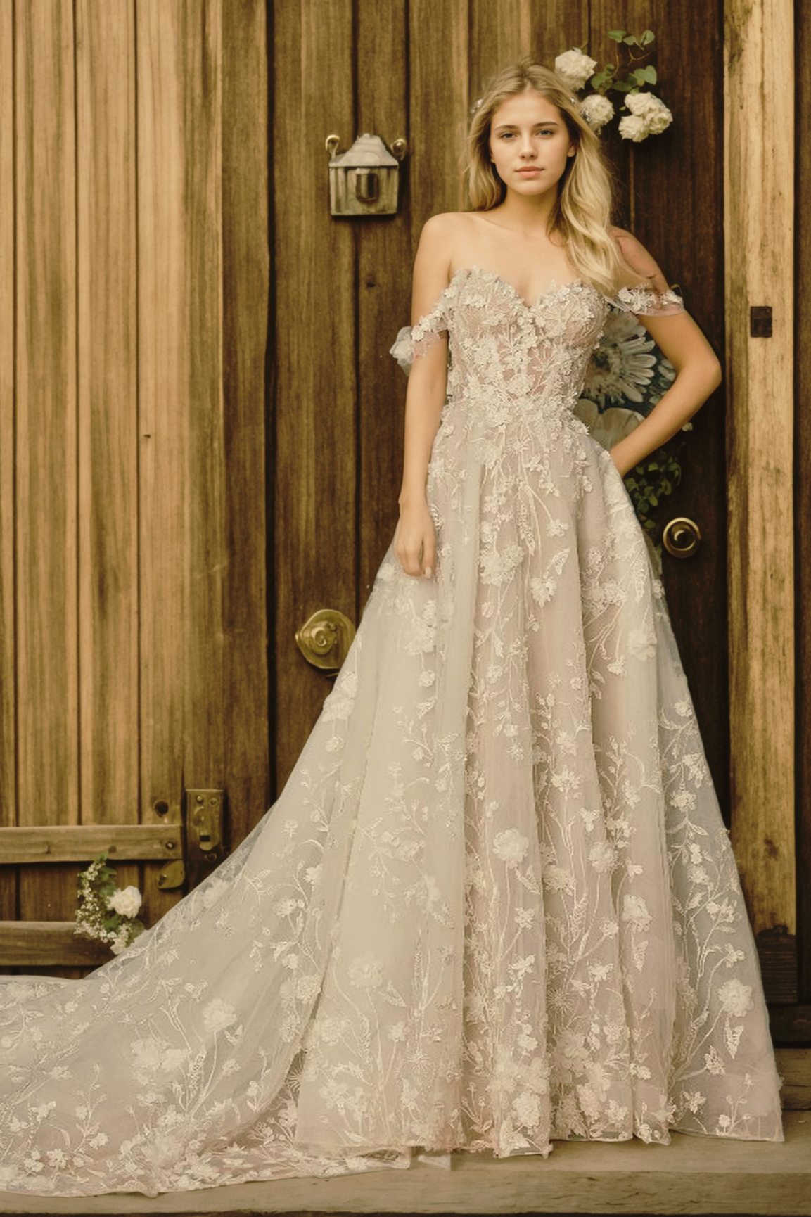 A-Line Wedding Dress In Soft Ivory Tulle And Floral Lace With Sweetheart Off-Shoulder Neckline And Flowing Train For A Rustic Autumn Style