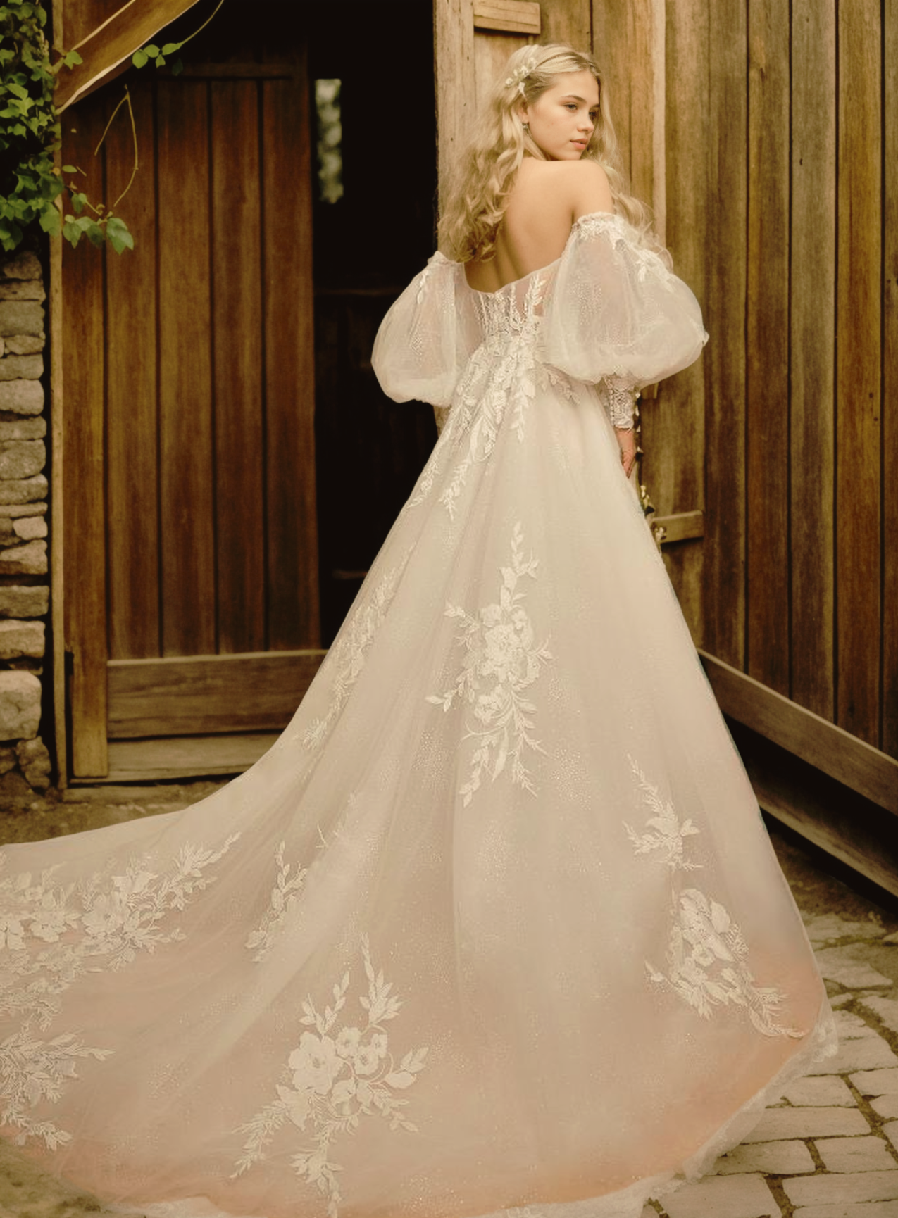 Modern A-Line Wedding Dress in Soft Off-White Floral Lace with Corset, Sweetheart Neckline, and Detachable Lace Sleeves