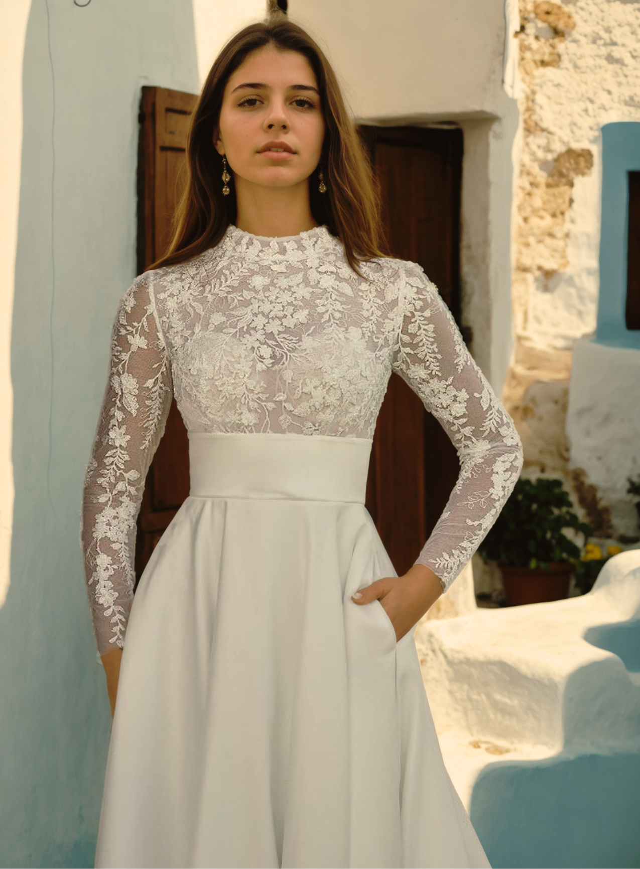 Elegant A-Line Wedding Dress with Illusion Neckline, Long Sheer Sleeves, and Puffy Train in Ivory Satin and Soft Floral Lace