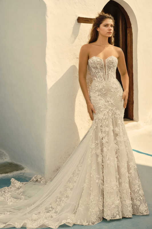 Personalized Simple Mermaid Bridal Gown With Sweetheart Neckline, Sleeveless Design, And Long Tulle Train In Soft Ivory Floral Lace With 3D Flower Details