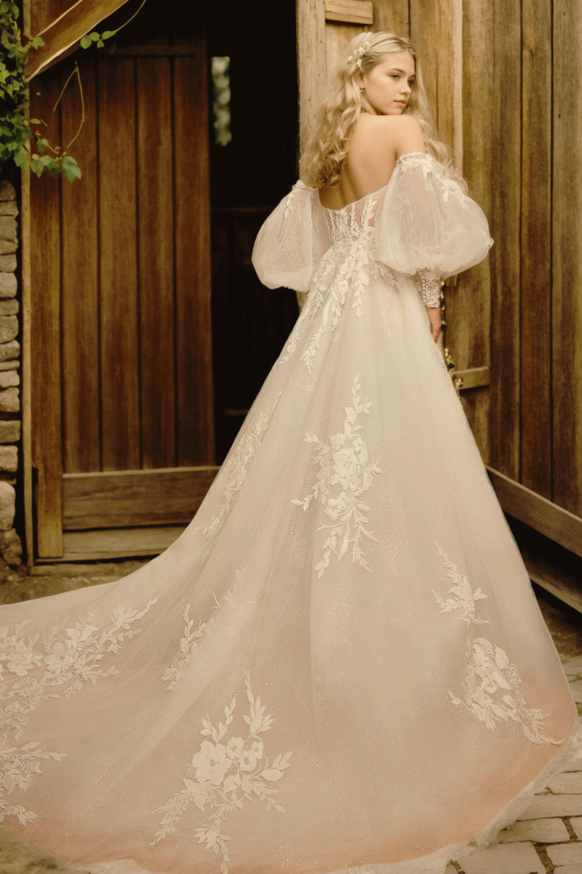 Personalized Romantic A-Line Bridal Gown With Sweetheart Neckline, Puffy Detached Sleeves, And Flowing Train In Soft White Tulle And Floral Lace