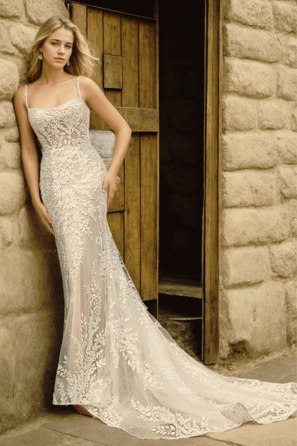 Personalized Vintage Mermaid Bridal Gown with Scoop Neck & Long Tulle Train