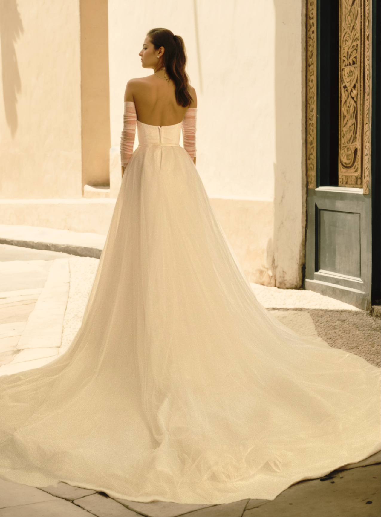 Elegant Mermaid Wedding Dress in Off-White Satin with Straight Neckline, Detachable Puffy Train, and Light Sheer Sleeves