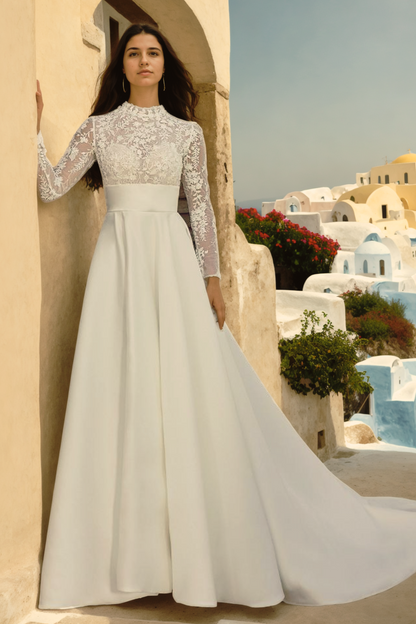 Elegant A-Line Wedding Dress with Illusion Neckline, Long Sheer Sleeves, and Puffy Train in Ivory Satin and Soft Floral Lace