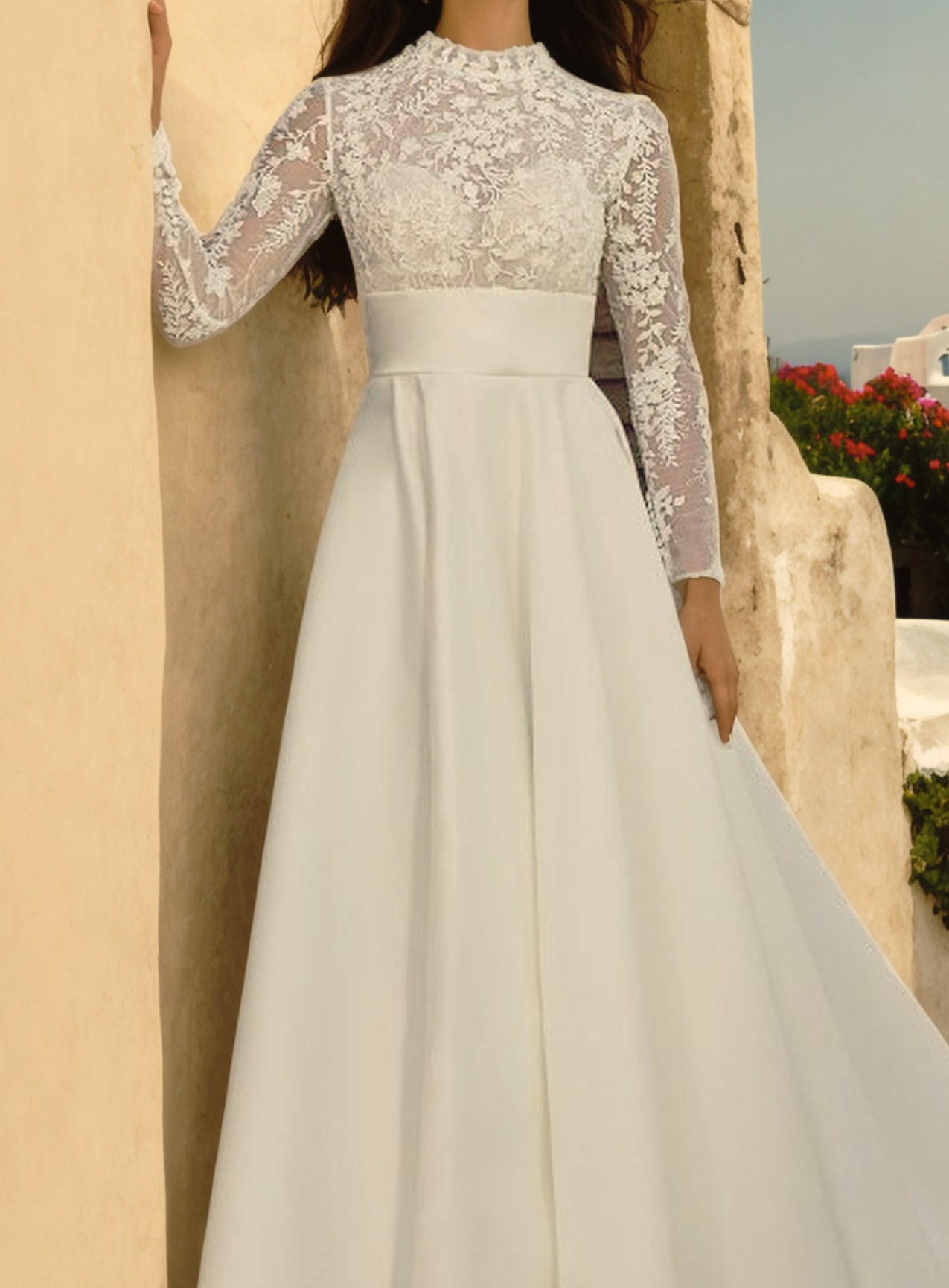 Elegant A-Line Wedding Dress with Illusion Neckline, Long Sheer Sleeves, and Puffy Train in Ivory Satin and Soft Floral Lace