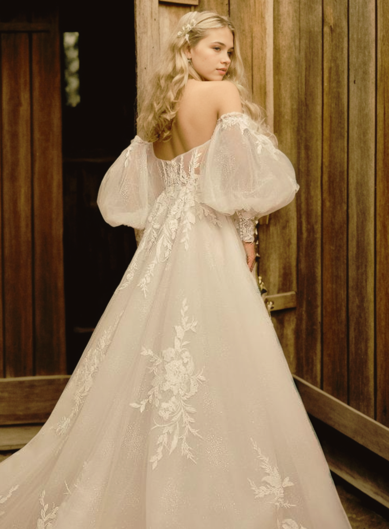 Modern A-Line Wedding Dress in Soft Off-White Floral Lace with Corset, Sweetheart Neckline, and Detachable Lace Sleeves