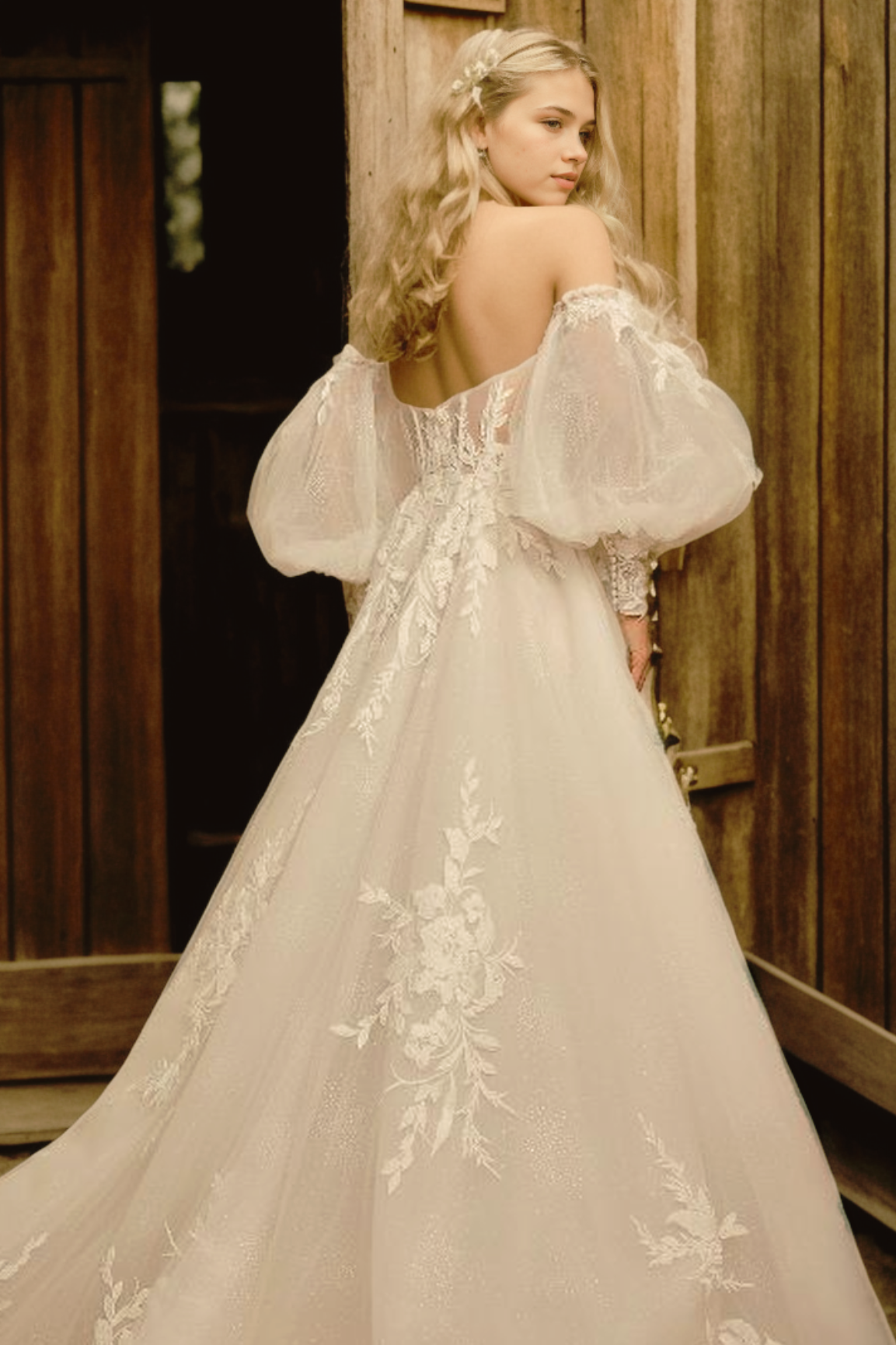 Personalized Romantic A-Line Bridal Gown With Sweetheart Neckline, Puffy Detached Sleeves, And Flowing Train In Soft White Tulle And Floral Lace