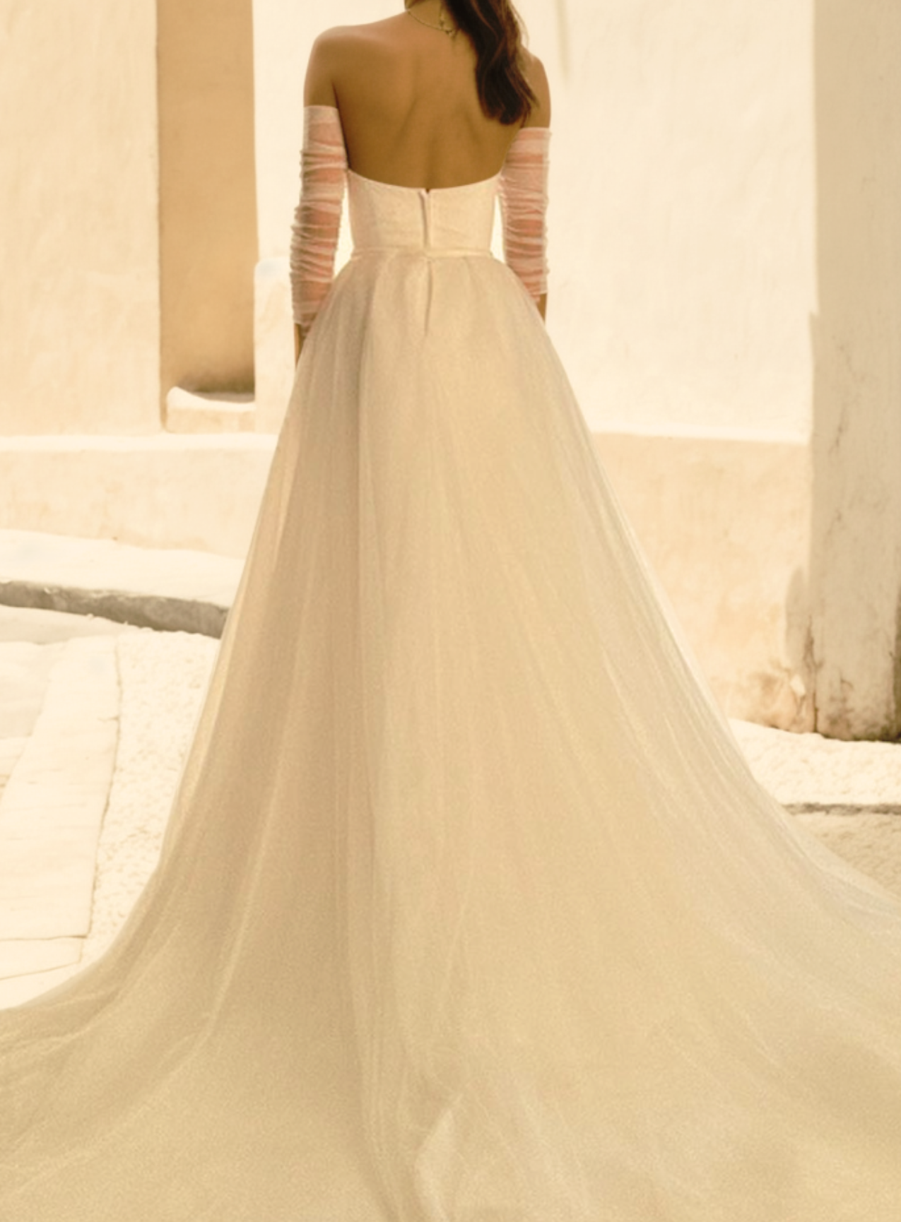 Elegant Mermaid Wedding Dress in Off-White Satin with Straight Neckline, Detachable Puffy Train, and Light Sheer Sleeves