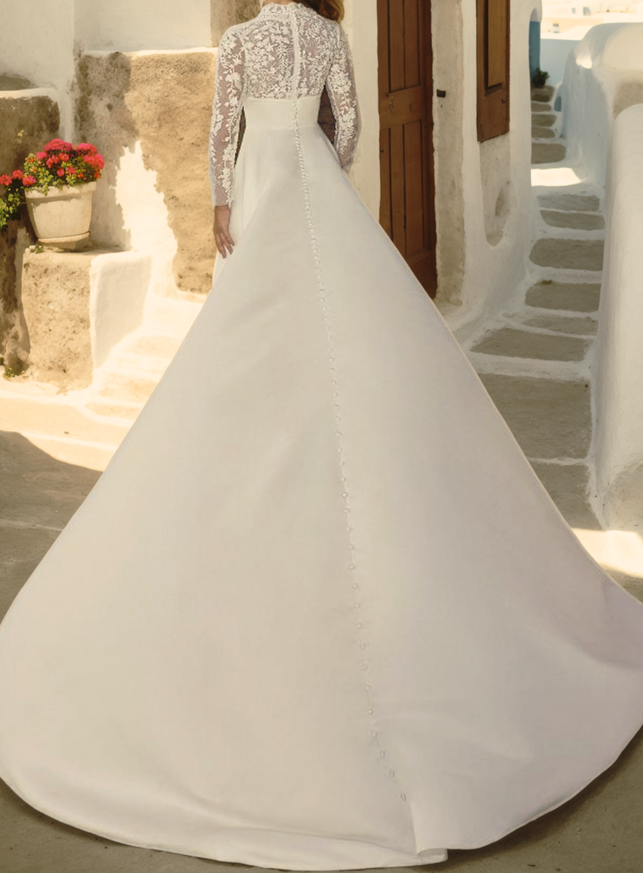 Elegant A-Line Wedding Dress with Illusion Neckline, Long Sheer Sleeves, and Puffy Train in Ivory Satin and Soft Floral Lace