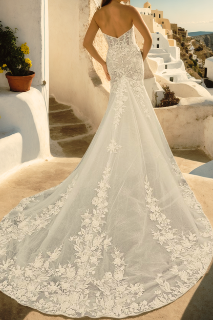 Personalized Simple Mermaid Bridal Gown With Sweetheart Neckline, Sleeveless Design, And Long Tulle Train In Soft Ivory Floral Lace With 3D Flower Details