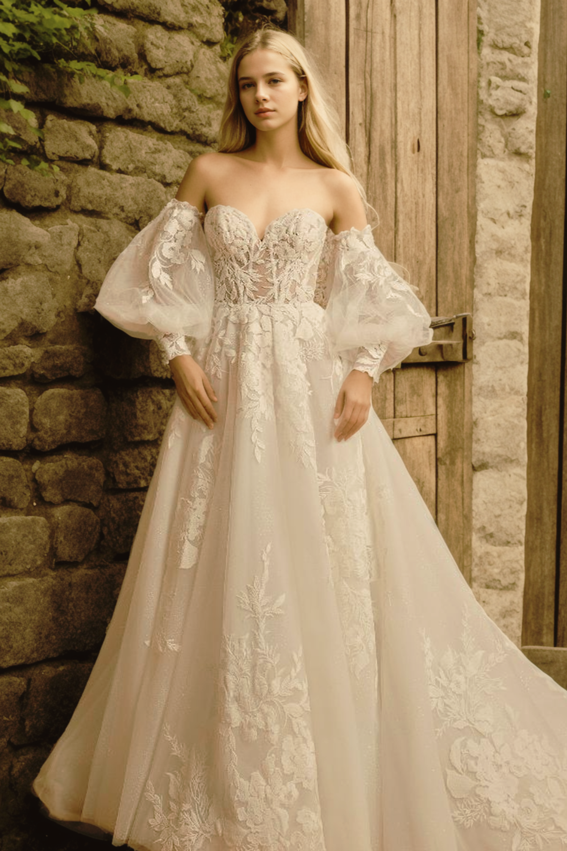 Modern A-Line Wedding Dress in Soft Off-White Floral Lace with Corset, Sweetheart Neckline, and Detachable Lace Sleeves