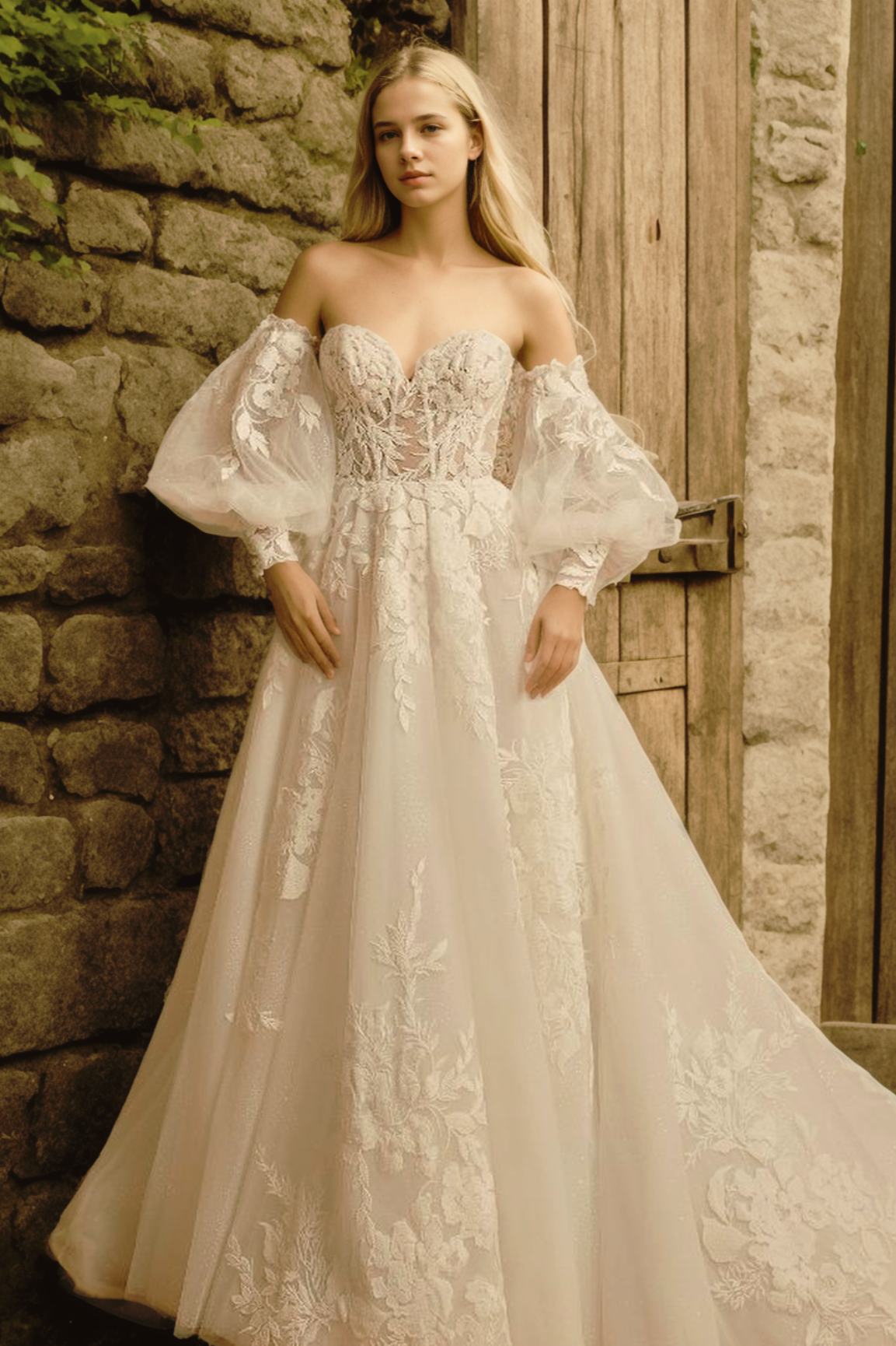 Personalized Romantic A-Line Bridal Gown With Sweetheart Neckline, Puffy Detached Sleeves, And Flowing Train In Soft White Tulle And Floral Lace