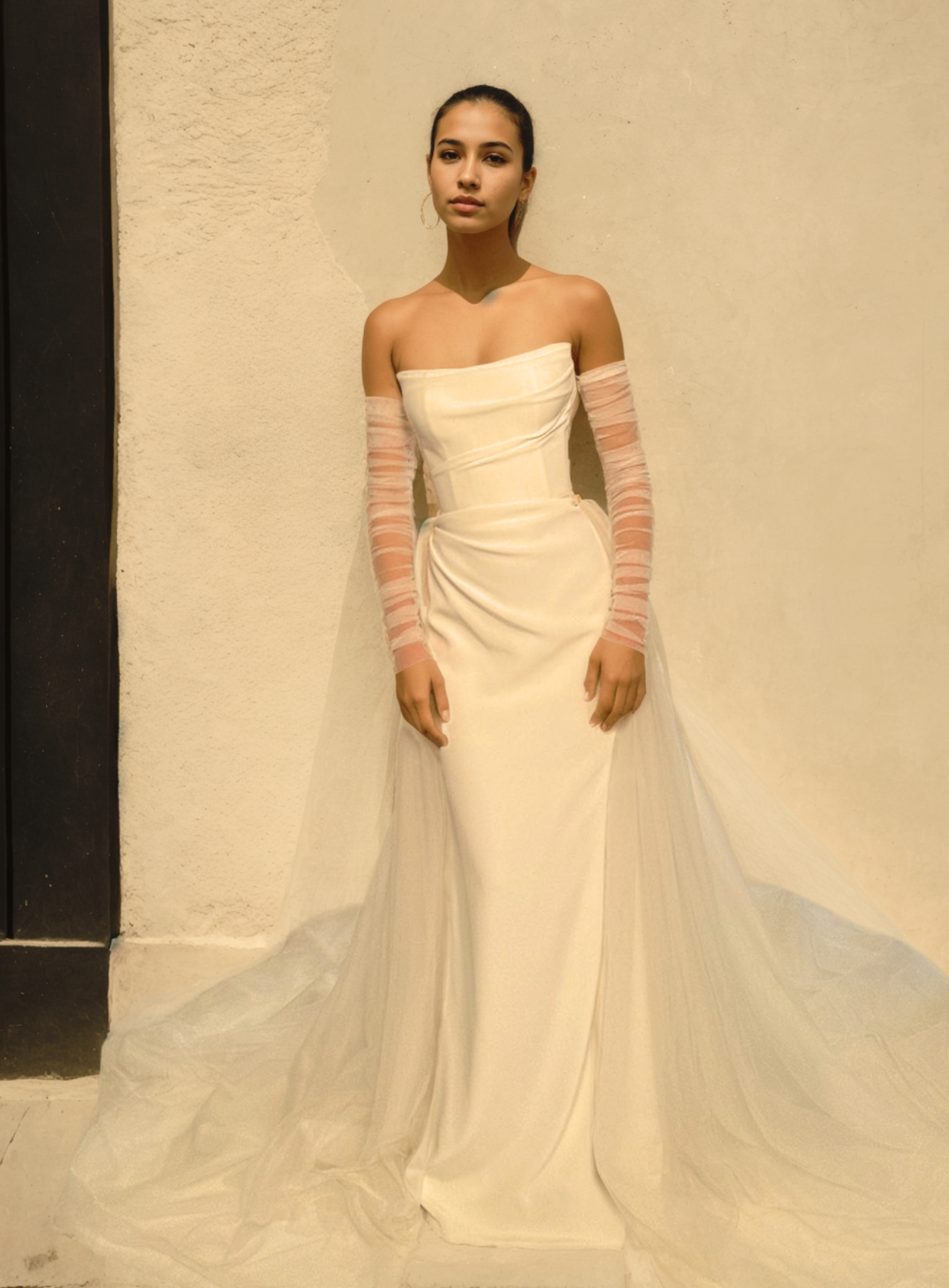 Elegant Mermaid Wedding Dress in Off-White Satin with Straight Neckline, Detachable Puffy Train, and Light Sheer Sleeves